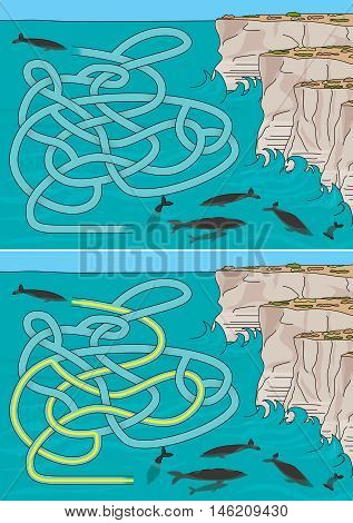 Whales maze for kids with a solution