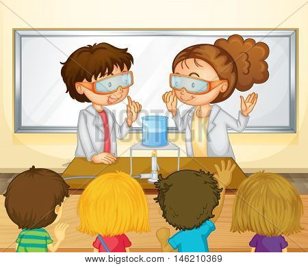 Students doing science experiment in classroom illustration