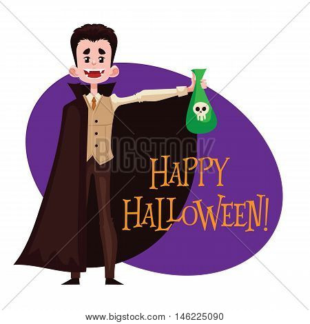 Happy boy dressed as Dracula for Halloween, cartoon style vector illustration isolated on white background. Dracula, vampire fancy dress idea. Trick or treat Halloween card