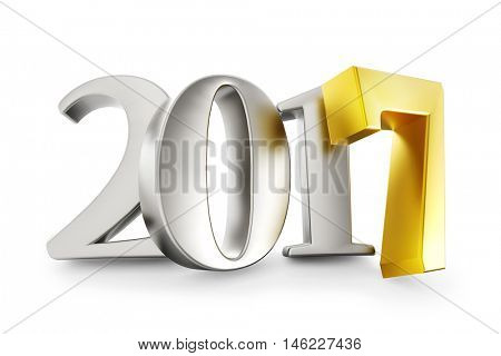 New 2017 year silver figures with gold 7 isolated on white background. 3D rendering.