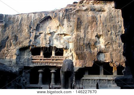 Rock-cut multi-storey Kailash Cave Temple at Ellora Maharashtra India Asia