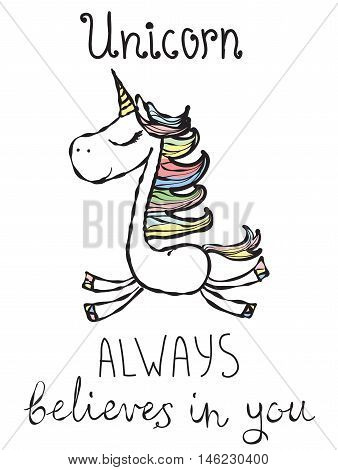 Vintage vector  poster with stylish Unicorn and hand drawn text