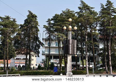 FATIMA, PORTUGAL - AUG 24: Sanctuary of Fatima in Portugal, as seen on Aug 24, 2016. It consists of a tall centralized bell-tower and nave, 213 ft in height, decorated by a 15,000 lb crown of bronze.