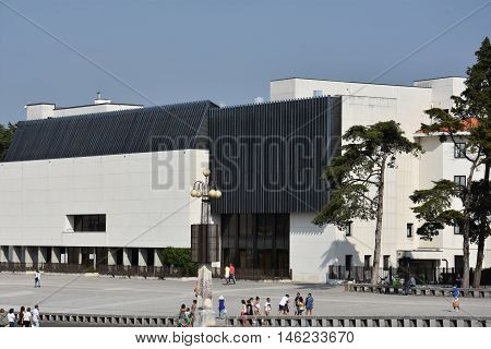 FATIMA, PORTUGAL - AUG 24: Sanctuary of Fatima in Portugal, as seen on Aug 24, 2016. It consists of a tall centralized bell-tower and nave, 213 ft in height, decorated by a 15,000 lb crown of bronze.