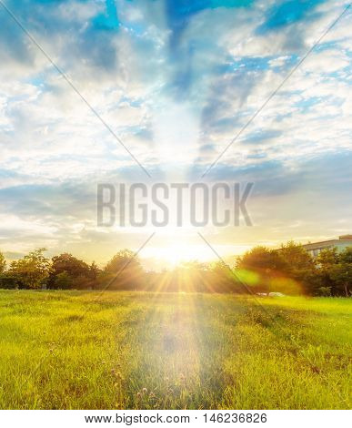 Beautiful landscape illuminated by sunset on background light, in autumn season