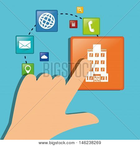 hand and hotel apps icon set. Service technology media and digital theme. Colorful design. Vector illustration