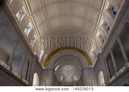 FATIMA, PORTUGAL - AUG 24: Sanctuary of Fatima in Portugal, as seen on Aug 24, 2016. It consists of a tall centralized bell-tower and nave, 213 ft in height, decorated by a 15,000 lb crown of bronze.