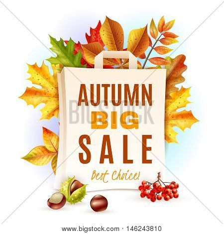 Autumn big sale and colorful fall leaves chestnuts and rowan behind bag flat vector illustration