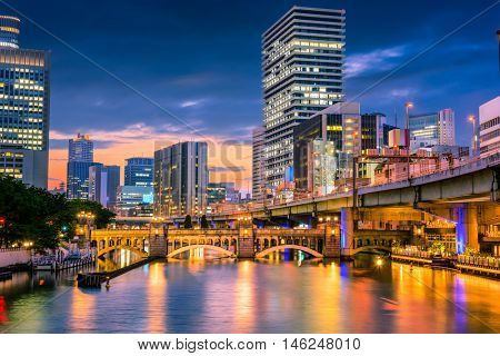 Osaka, Japan skyline in the Nakanoshima district.