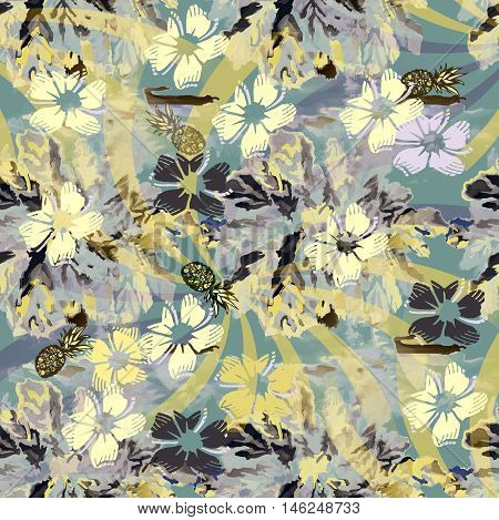pineapple flower and summer background tropical print illustration