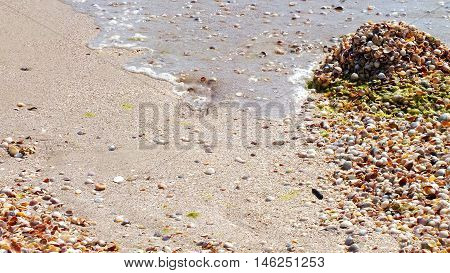 Photo of a human footprint in the sand, hiding under gradually came running wave. Photo taken on the coast of the Azov Sea in August 2016.