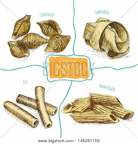 Pasta set illustration. Vector colorful illustration of pasta.