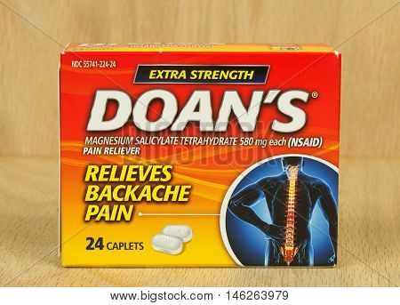 RIVER FALLS,WISCONSIN-SEPTEMBER 08,2016: A box of Doan's brand backache pain relief caplets.