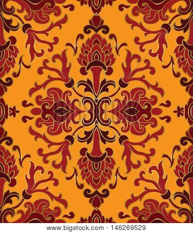Red and yellow floral ornament. Template for oriental carpet textile wallpaper shawl and any surface. Seamless vector pattern of gold contours.