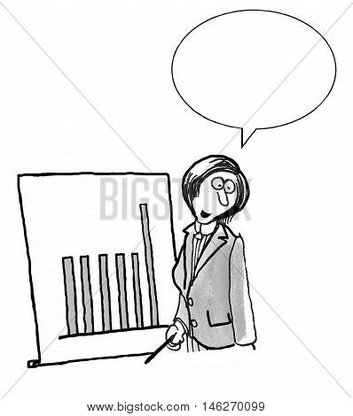 INSERT YOUR OWN TEXT.  Business illustration of businesswoman presenting information in a meeting and standing beside a bar chart.