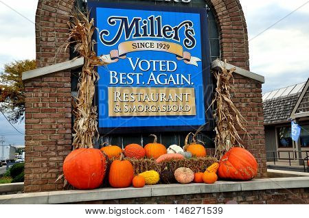 Ronks Pennsylvania - October 14 2015: Autumnal display with pumpkins and gourds at renowned local Miller's Restaurant & Smorgasbord on Route 132