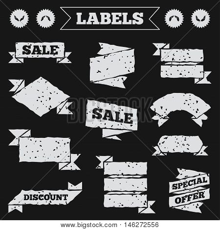 Stickers, tags and banners with grunge. Hands icons. Insurance protection signs. Human helping donation hands. Prayer meditation hands sybmols. Sale or discount labels. Vector