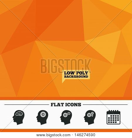Triangular low poly orange background. Head with brain icon. Male human think symbols. Cogwheel gears signs. Calendar flat icon. Vector