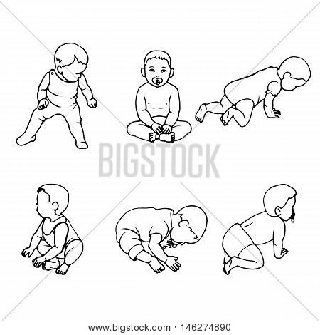 Vector illustration set of doodle hand-drawn children. Small babies isolated on white background.