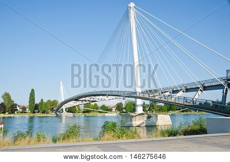 STRASBOURG, FRANCE. 31st August 2016. The Passerelle Mimram, a pedestrian bridge linking the German and French sides of the Rhine river, will be joined by an extension of the Strasbourg tramway in early 2017.