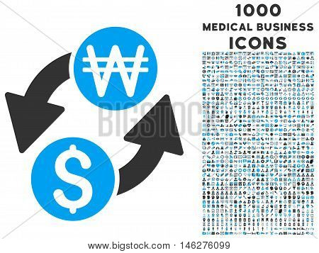 Dollar Korean Won Exchange vector bicolor icon with 1000 medical business icons. Set style is flat pictograms blue and gray colors white background.