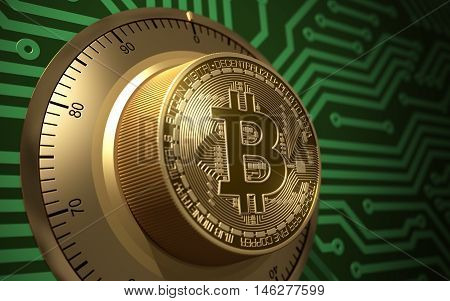 Concept Of Bitcoin Like A Electronic Safe Lock. 3D Illustration.