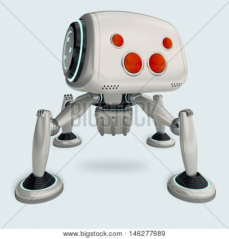 white robot spider with four red eyes. Cute robotic toy with blue neon elements. Futuristic cyborg concept. 3D rendering
