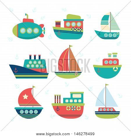 Different Kind Of Boats. Set Of Sea Transport. Fishing Boats, Yachts And Sailboats