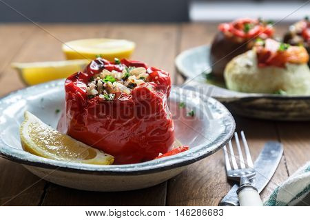 Gemista, Stuffed tomatos and peppers with rice peunuts and prunes. Close view