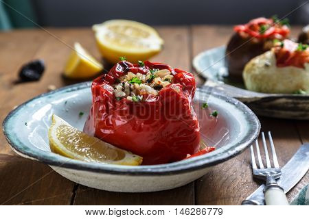 Gemista, Stuffed tomatos and peppers with rice peunuts and prunes. Close view