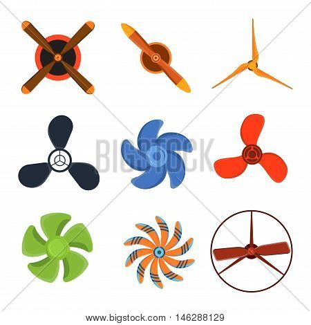 Turbines icons propeller fan rotation technology equipment. Fan blade, wind ventilator propeller fan equipment generator. Vector illustration propeller fan vector electric industrial ventilators.