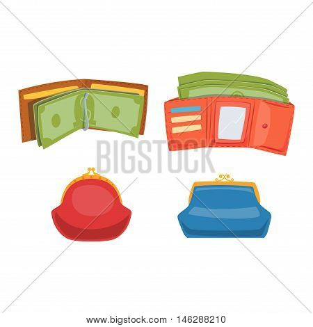 Open purse leather wallet with money shopping. Shopping buy change business currency leather open purse wallet. Financial one payment bag accessory object open purse trendy wallet vector.