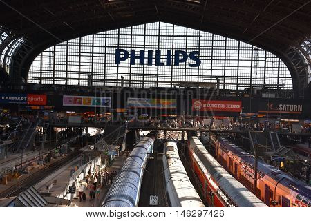 HAMBURG, GERMANY - AUG 25: Hauptbahnhof in Hamburg, Germany, as seen on Aug 25, 2016. It is the main railway station in the city, the busiest in the country and the second busiest in Europe.