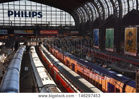 HAMBURG, GERMANY - AUG 25: Hauptbahnhof in Hamburg, Germany, as seen on Aug 25, 2016. It is the main railway station in the city, the busiest in the country and the second busiest in Europe.