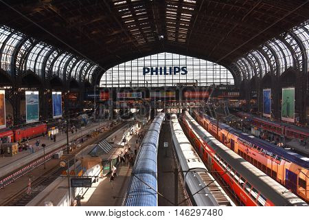 HAMBURG, GERMANY - AUG 25: Hauptbahnhof in Hamburg, Germany, as seen on Aug 25, 2016. It is the main railway station in the city, the busiest in the country and the second busiest in Europe.