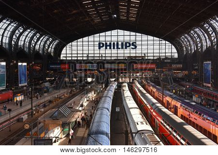 HAMBURG, GERMANY - AUG 25: Hauptbahnhof in Hamburg, Germany, as seen on Aug 25, 2016. It is the main railway station in the city, the busiest in the country and the second busiest in Europe.