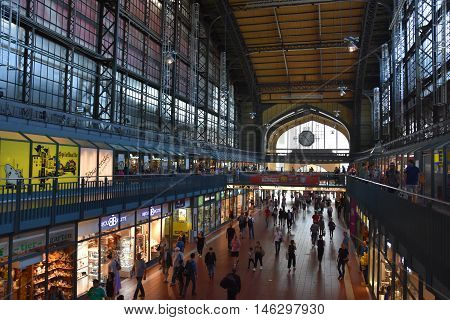 HAMBURG, GERMANY - AUG 25: Hauptbahnhof in Hamburg, Germany, as seen on Aug 25, 2016. It is the main railway station in the city, the busiest in the country and the second busiest in Europe.