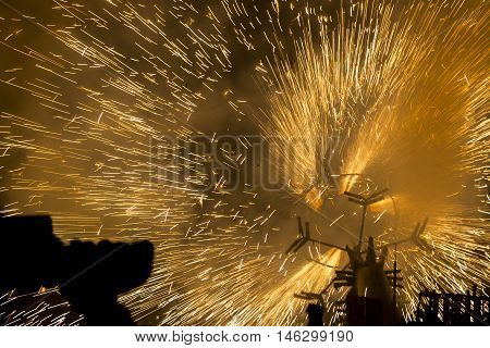 Great participation of people at a reenactment of the Ripatransone fire horse. Italy.