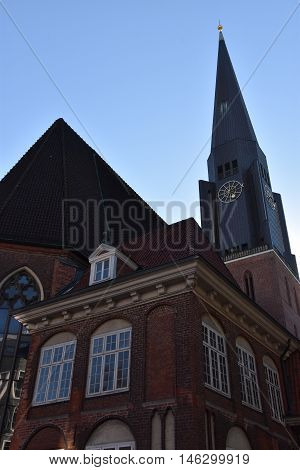 HAMBURG, GERMANY - AUG 25: St. James Church in Hamburg, Germany, as seen on Aug 25, 2016. It is located directly in the city center, has a 125m tall tower and features a famous organ by Arp Schnitger from 1693.