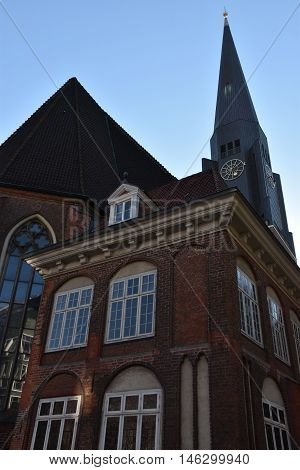 HAMBURG, GERMANY - AUG 25: St. James Church in Hamburg, Germany, as seen on Aug 25, 2016. It is located directly in the city center, has a 125m tall tower and features a famous organ by Arp Schnitger from 1693.