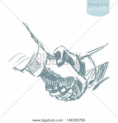 Two people shake hands, partnership concept, hand drawn vector illustration, sketch.