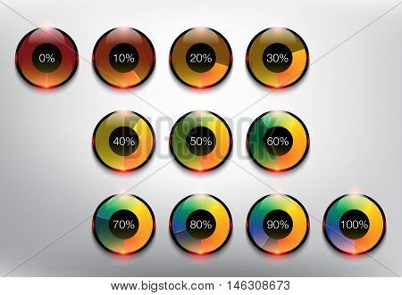 Collection of 10 modernly designed loading spinners or progress loading bars in different loading state and percentage. Designed with realistic transparent glass shine and shadow on the white background. Vector illustration. Eps10.