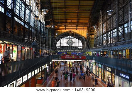HAMBURG, GERMANY - AUG 25: Hauptbahnhof in Hamburg, Germany, as seen on Aug 25, 2016. It is the main railway station in the city, the busiest in the country and the second busiest in Europe.
