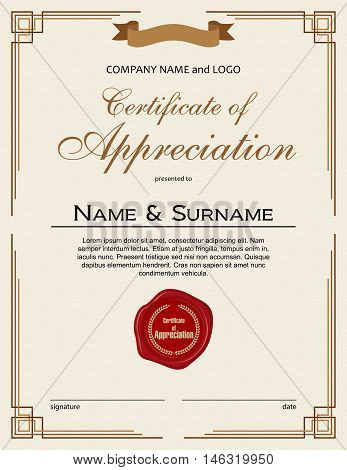 Certificate of Appreciation with wax seal and ribbon portrait version