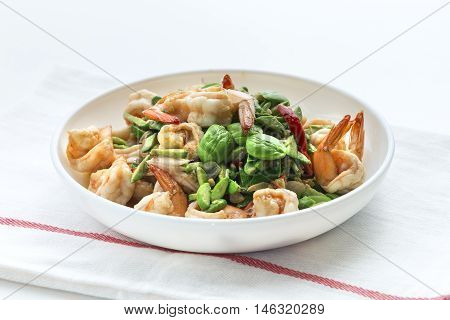 Stink Beans or Sato fried with Shrimp thai local food in southern Thailand