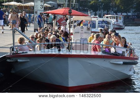 HAMBURG, GERMANY - AUG 26: Boats on Lake Alster in Hamburg, Germany, as seen on Aug 26, 2016. Hamburg was founded at the mouth of Alster river in the 9th century and has been used as a port since.