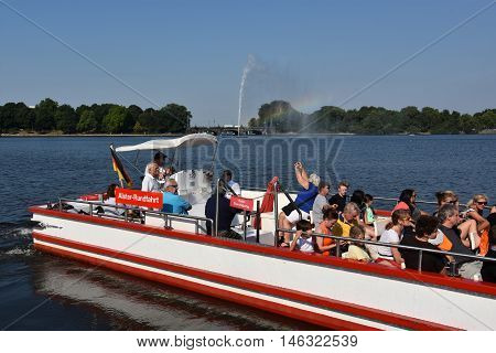 HAMBURG, GERMANY - AUG 26: Boats on Lake Alster in Hamburg, Germany, as seen on Aug 26, 2016. Hamburg was founded at the mouth of Alster river in the 9th century and has been used as a port since.
