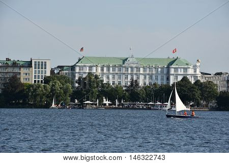 HAMBURG, GERMANY - AUG 26: Sailboats on Lake Alster in Hamburg, Germany, as seen on Aug 26, 2016. Hamburg was founded at the mouth of Alster river in the 9th century and has been used as a port since.