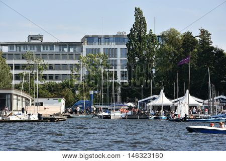 HAMBURG, GERMANY - AUG 26: Sailboats on Lake Alster in Hamburg, Germany, as seen on Aug 26, 2016. Hamburg was founded at the mouth of Alster river in the 9th century and has been used as a port since.