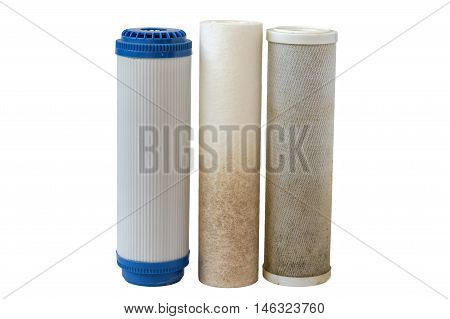 Cartridges For Water Filter Isolated On White Background, Used Water Filter
